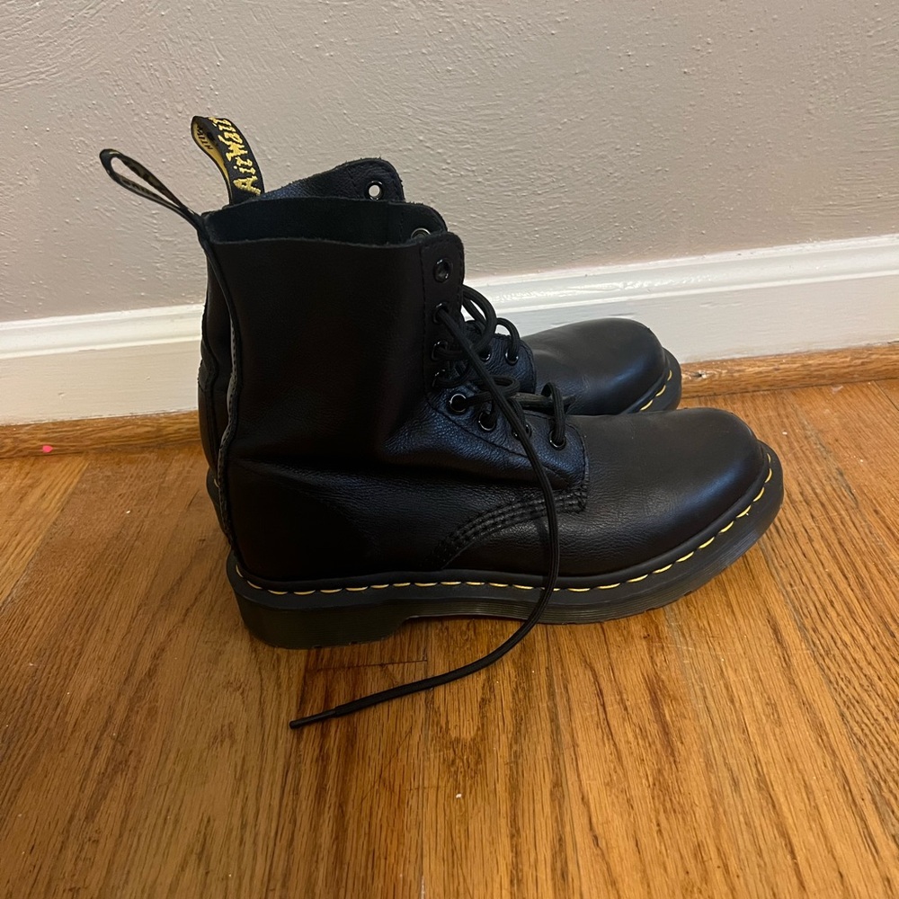 Dr. Martens Black Leather Boots with Yellow Stitching